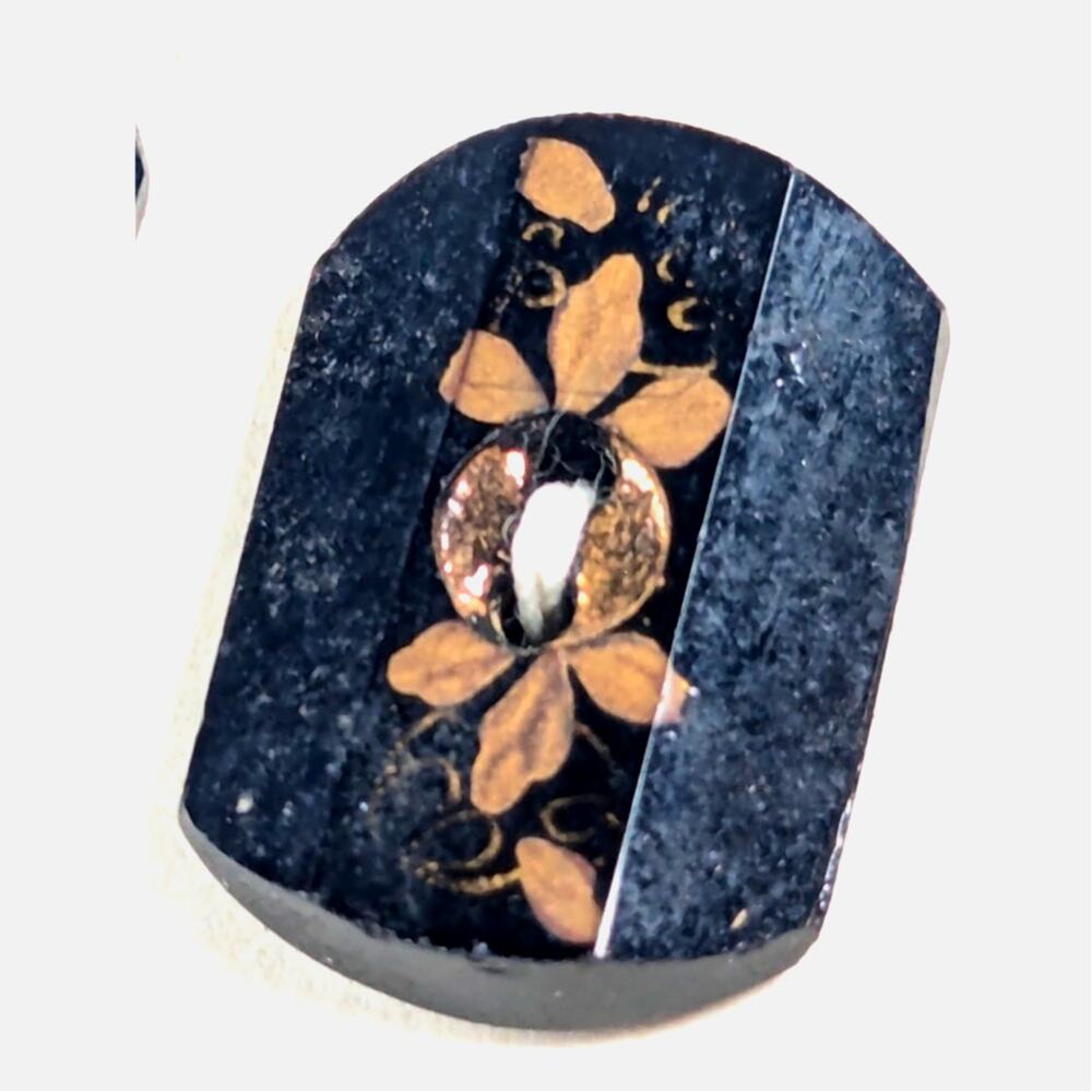 Antique Victorian Black Glass Buttons Set of 3 Gilt Gold Leaves French Jet 18mm